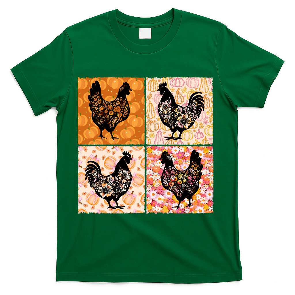 Floral Fall Chicken Cute Thankgiving T-Shirt - Green