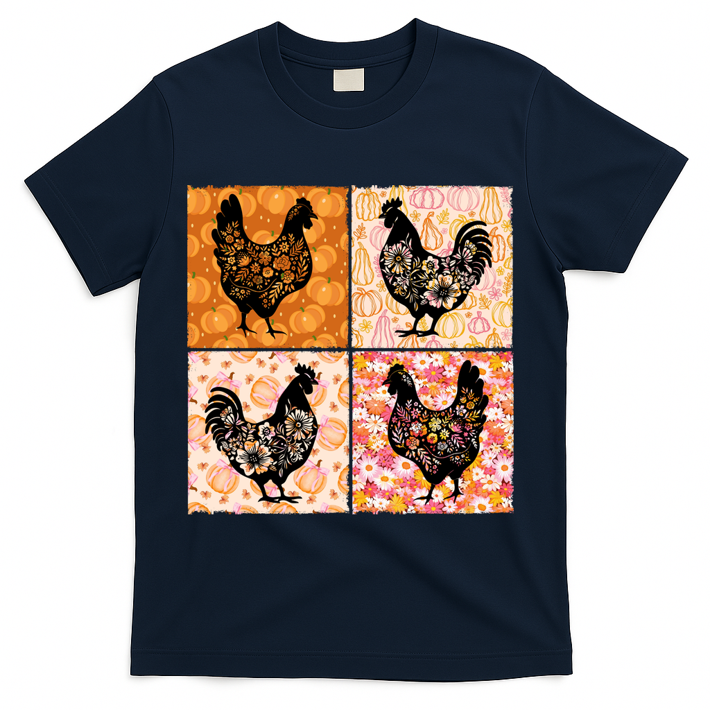 Floral Fall Chicken Cute Thankgiving T-Shirt - Navy