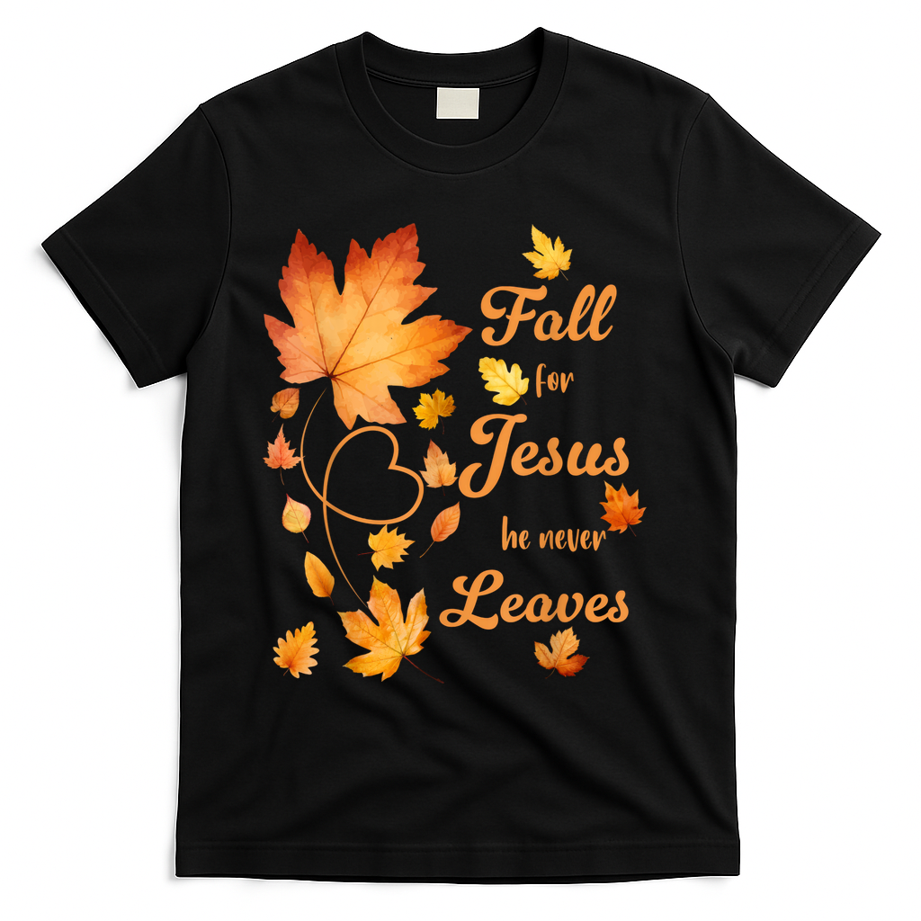 Fall For Jesus He Never Leave Beautiful Fall Leaves T-Shirt - Black