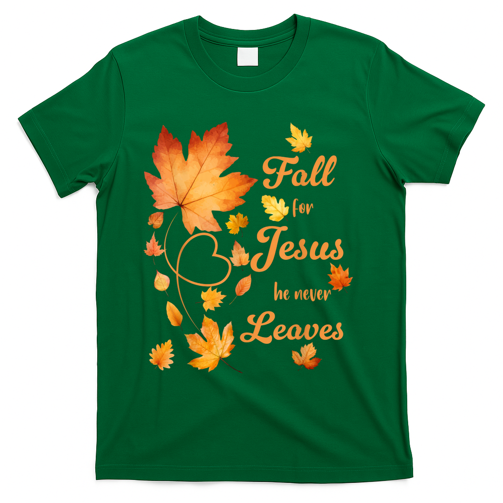 Fall For Jesus He Never Leave Beautiful Fall Leaves T-Shirt - Green