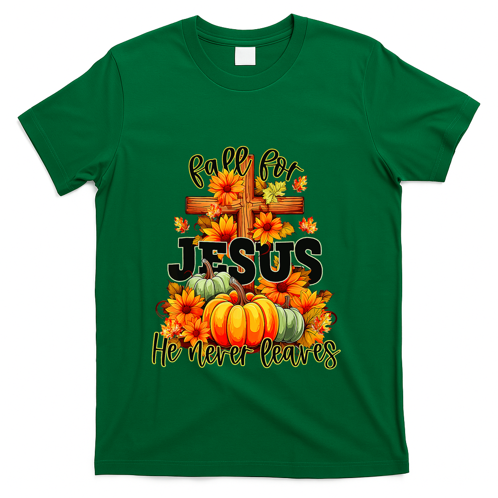 Fall For Jesus He Never Leaves Halloween Autumn Thanksgiving T-Shirt - Green