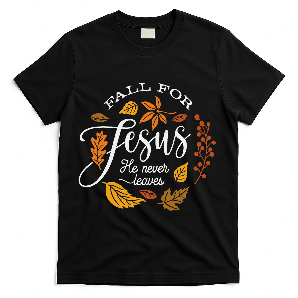 Fall For Jesus He Never Leaves T-Shirt - Black