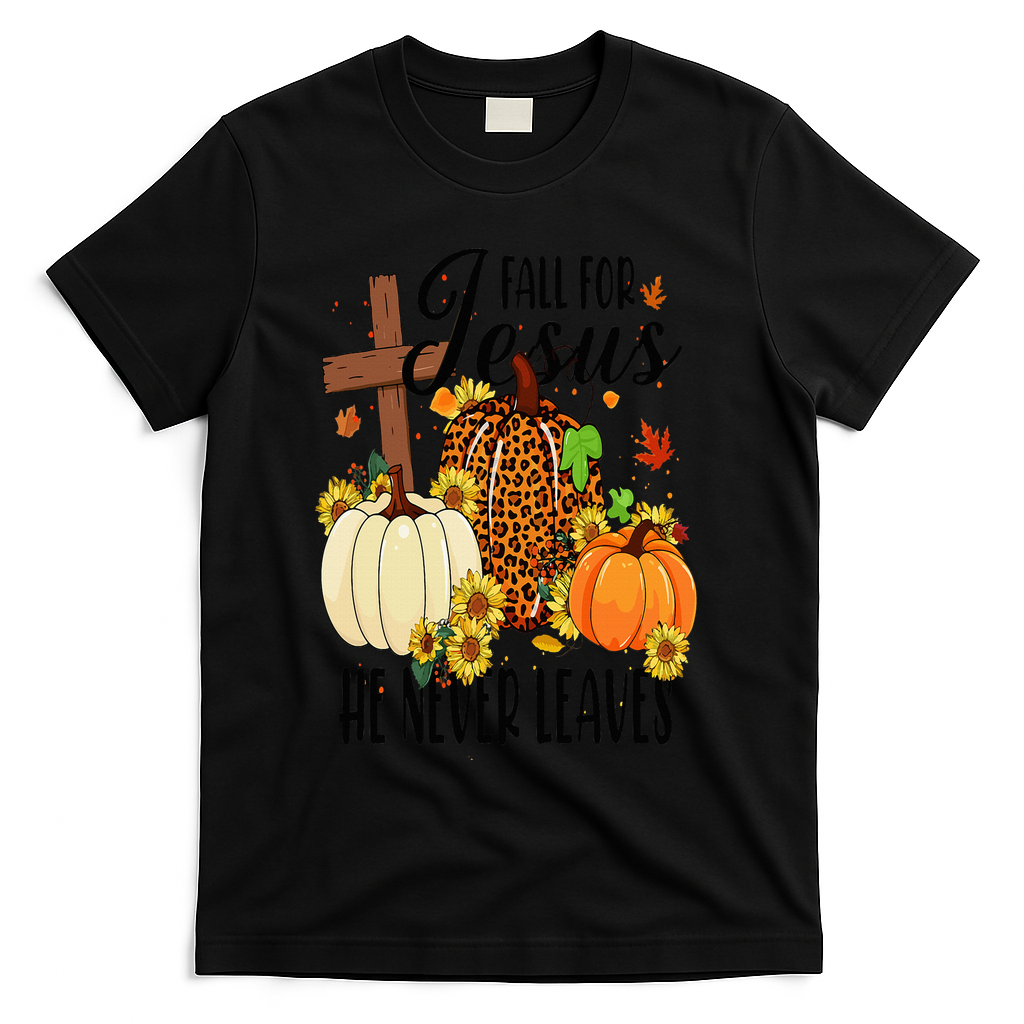 Fall For Jesus He Never Leaves Christian Autumn Thanksgiving  T-Shirt - Black