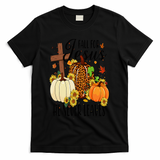 Fall For Jesus He Never Leaves Christian Autumn Thanksgiving  T-Shirt - Black