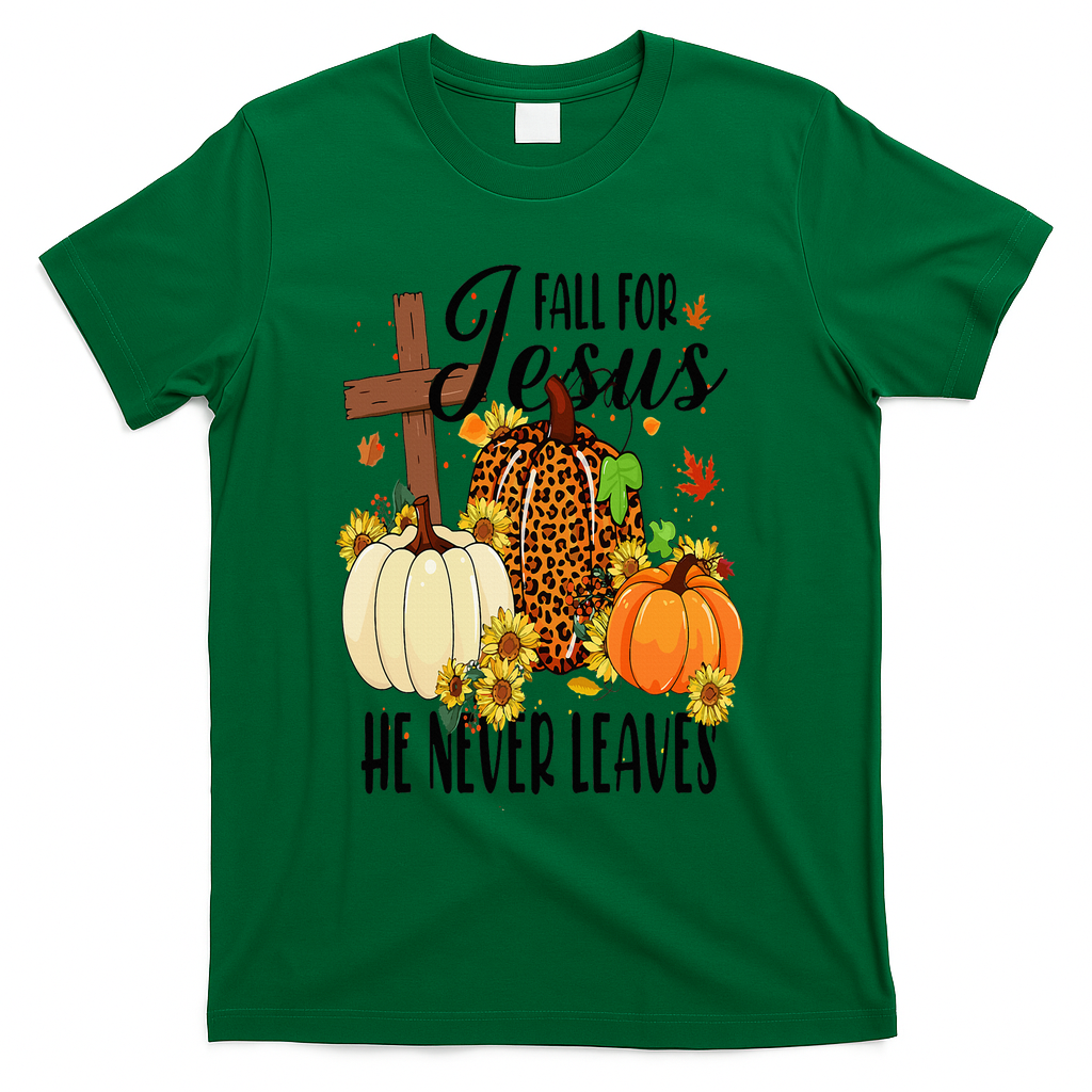 Fall For Jesus He Never Leaves Christian Autumn Thanksgiving  T-Shirt - Green