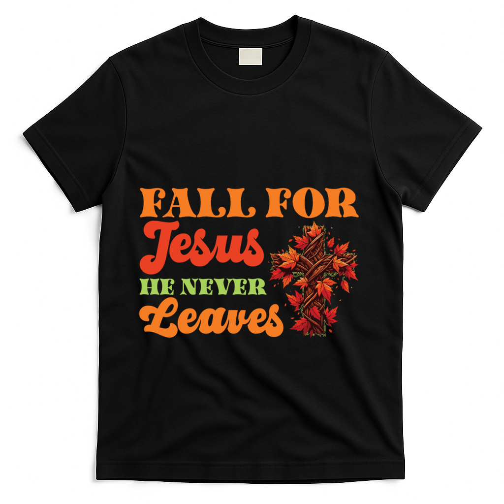 Fall For Jesus He Never Leaves Autumn Christian Faith Gift T-Shirt - Black