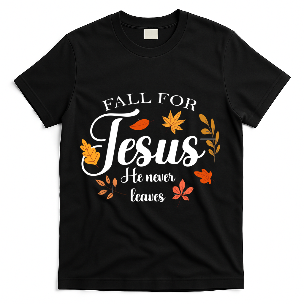 Fall For Jesus He Never Leaves Christianity T-Shirt - Black