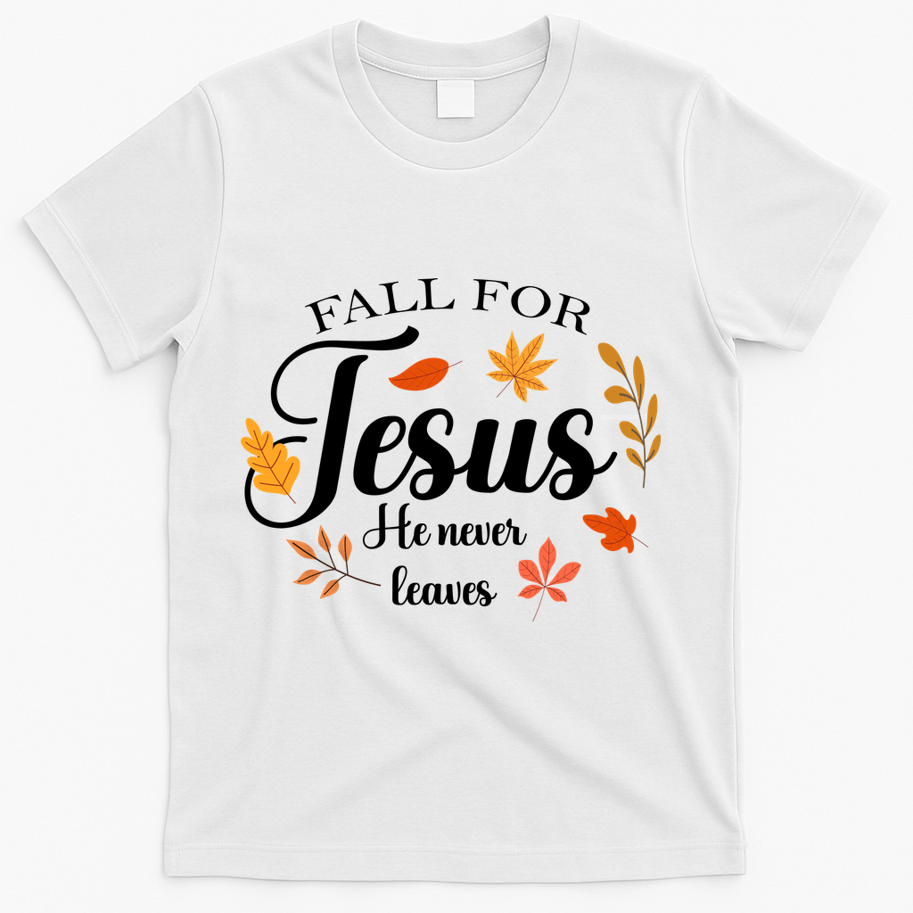 Fall For Jesus He Never Leaves Christianity T-Shirt - White