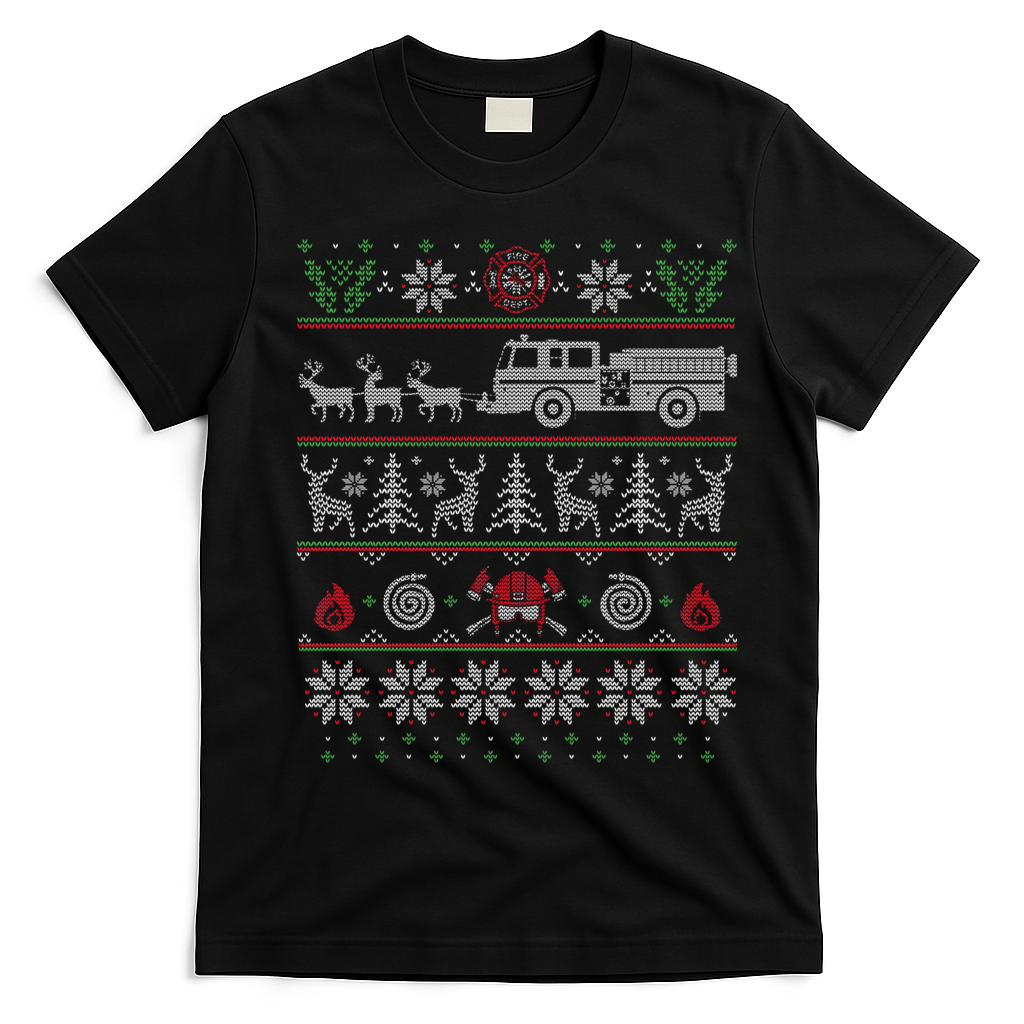 Firefighter Fire Truck Pulled By Reindeer Ugly Christmas Gift T-Shirt - Black