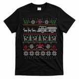 Firefighter Fire Truck Pulled By Reindeer Ugly Christmas Gift T-Shirt - Black