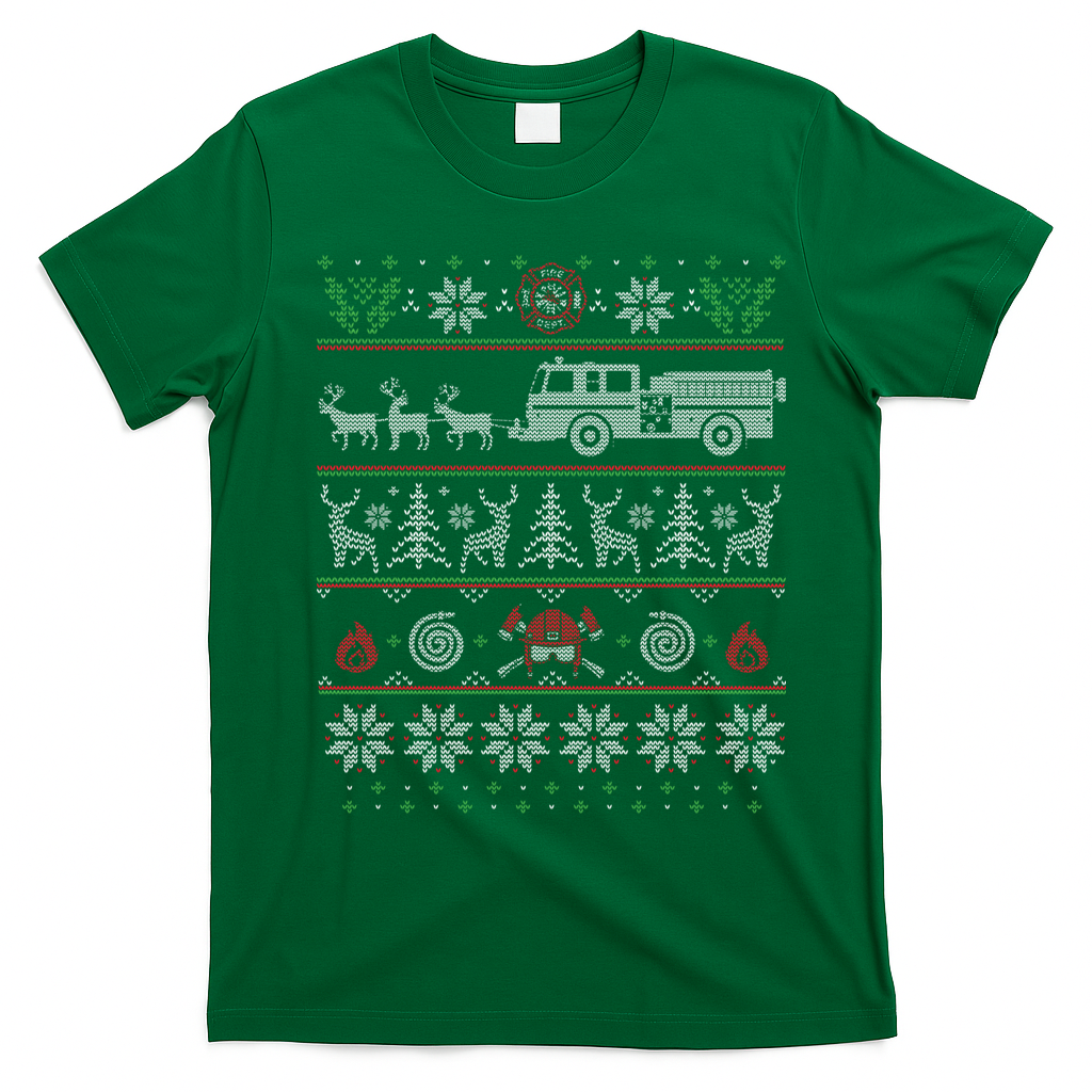 Firefighter Fire Truck Pulled By Reindeer Ugly Christmas Gift T-Shirt - Irish Green