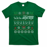 Firefighter Fire Truck Pulled By Reindeer Ugly Christmas Gift T-Shirt - Irish Green