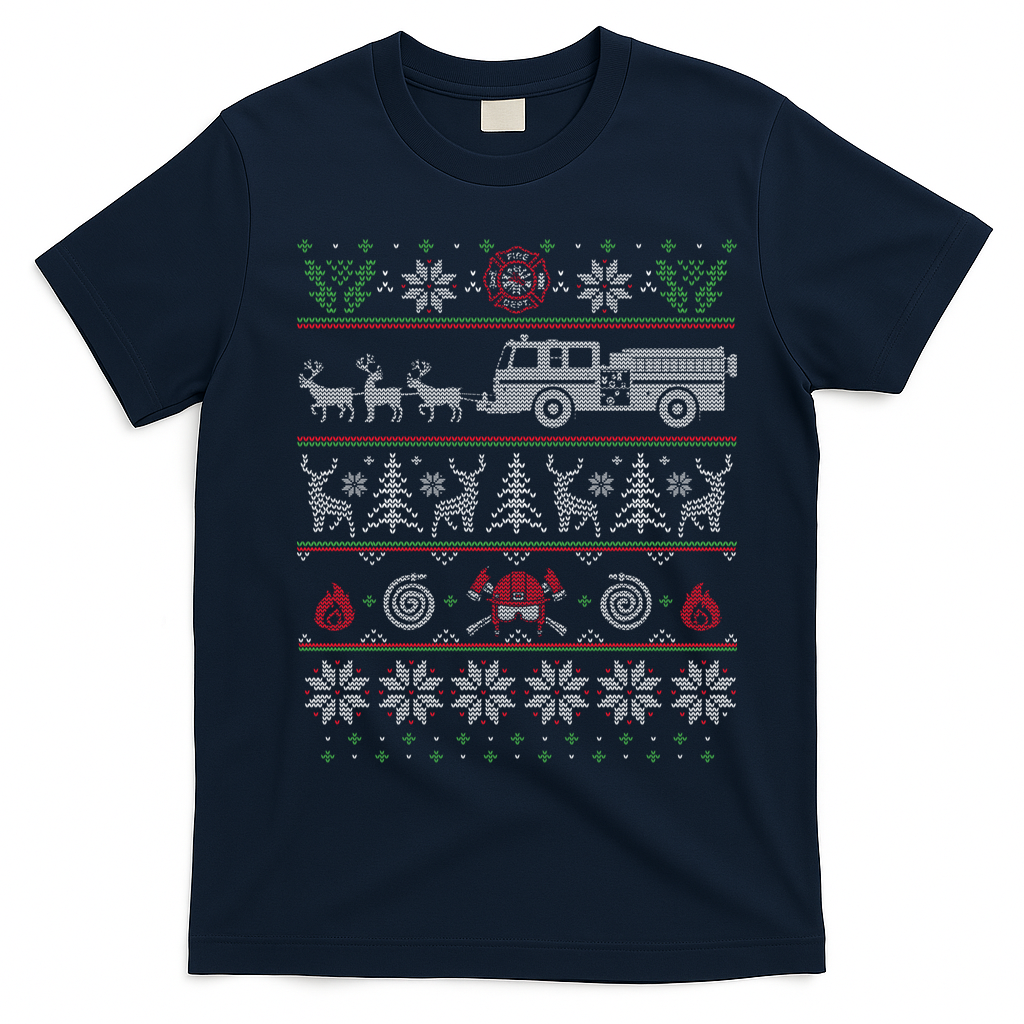 Firefighter Fire Truck Pulled By Reindeer Ugly Christmas Gift T-Shirt - Navy Blue