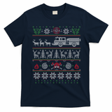 Firefighter Fire Truck Pulled By Reindeer Ugly Christmas Gift T-Shirt - Navy Blue