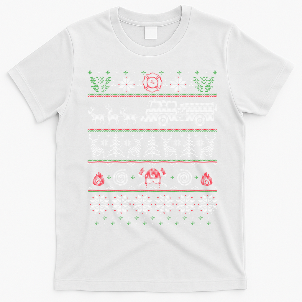 Firefighter Fire Truck Pulled By Reindeer Ugly Christmas Gift T-Shirt - White