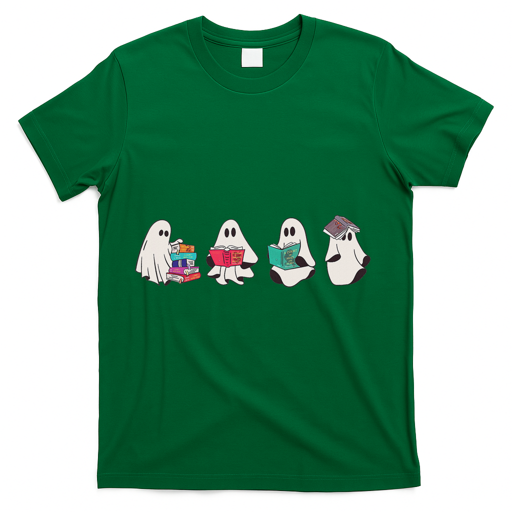 Funny Ghost Book Reading Halloween Books Lover Teacher T-Shirt - Green