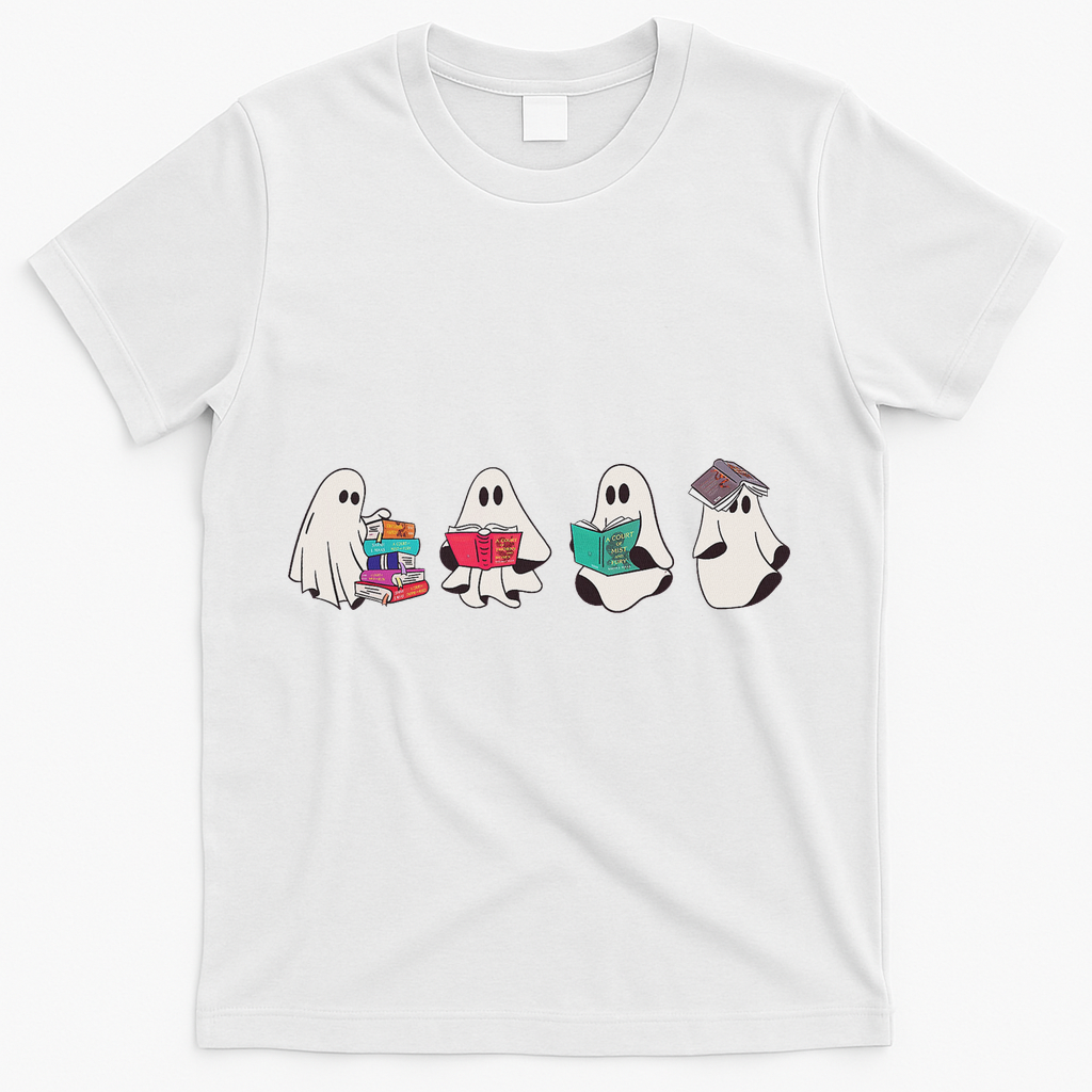 Funny Ghost Book Reading Halloween Books Lover Teacher T-Shirt - White