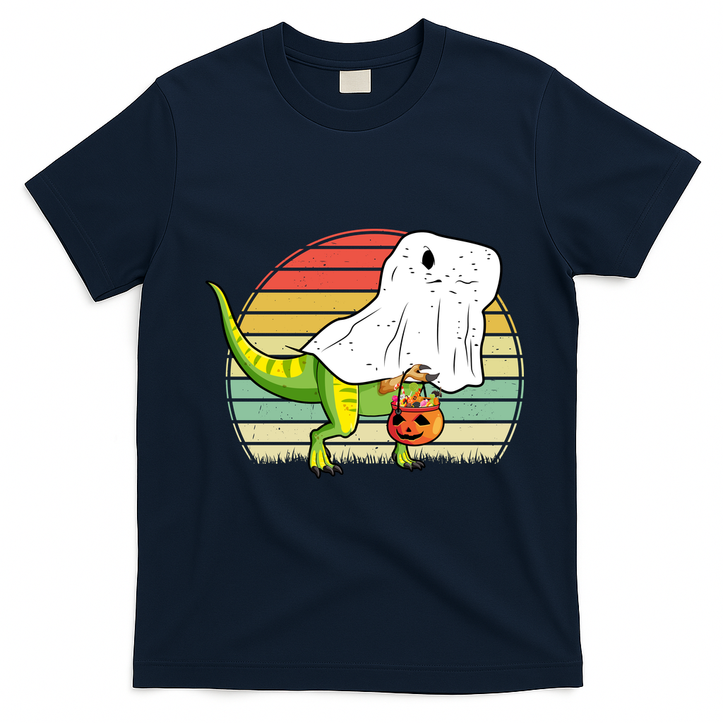 Funny Ghost Dinosaur Halloween Graphic T-Shirt - Navy Blue