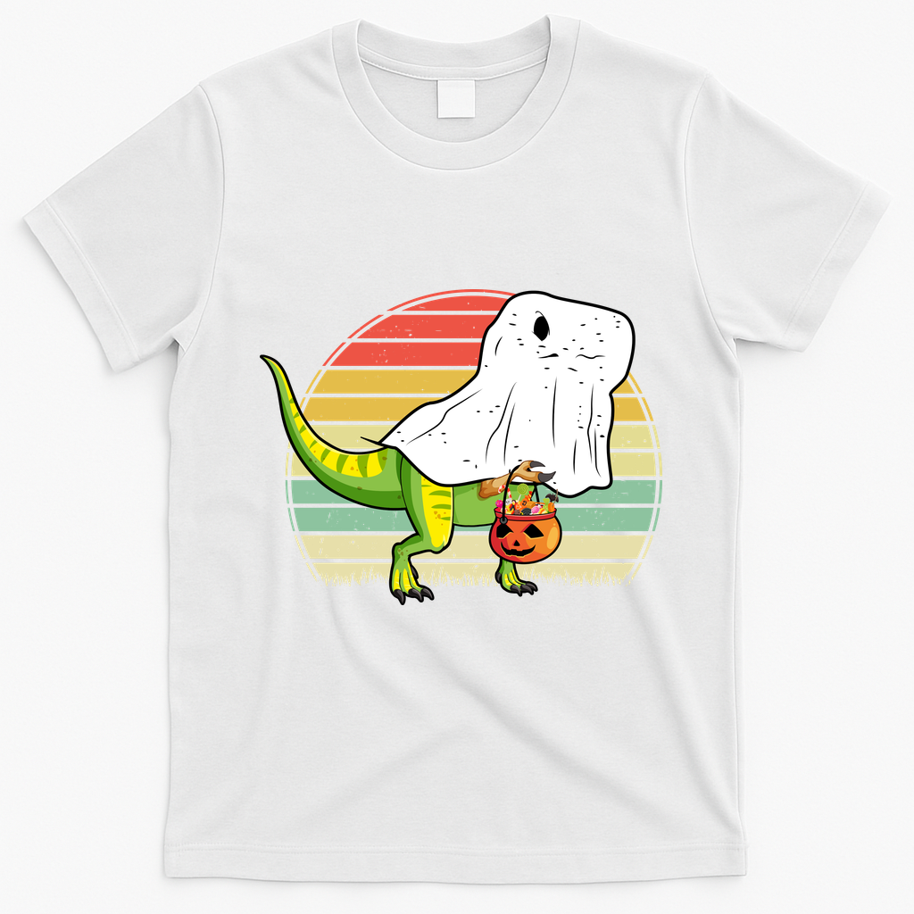 Funny Ghost Dinosaur Halloween Graphic T-Shirt - White
