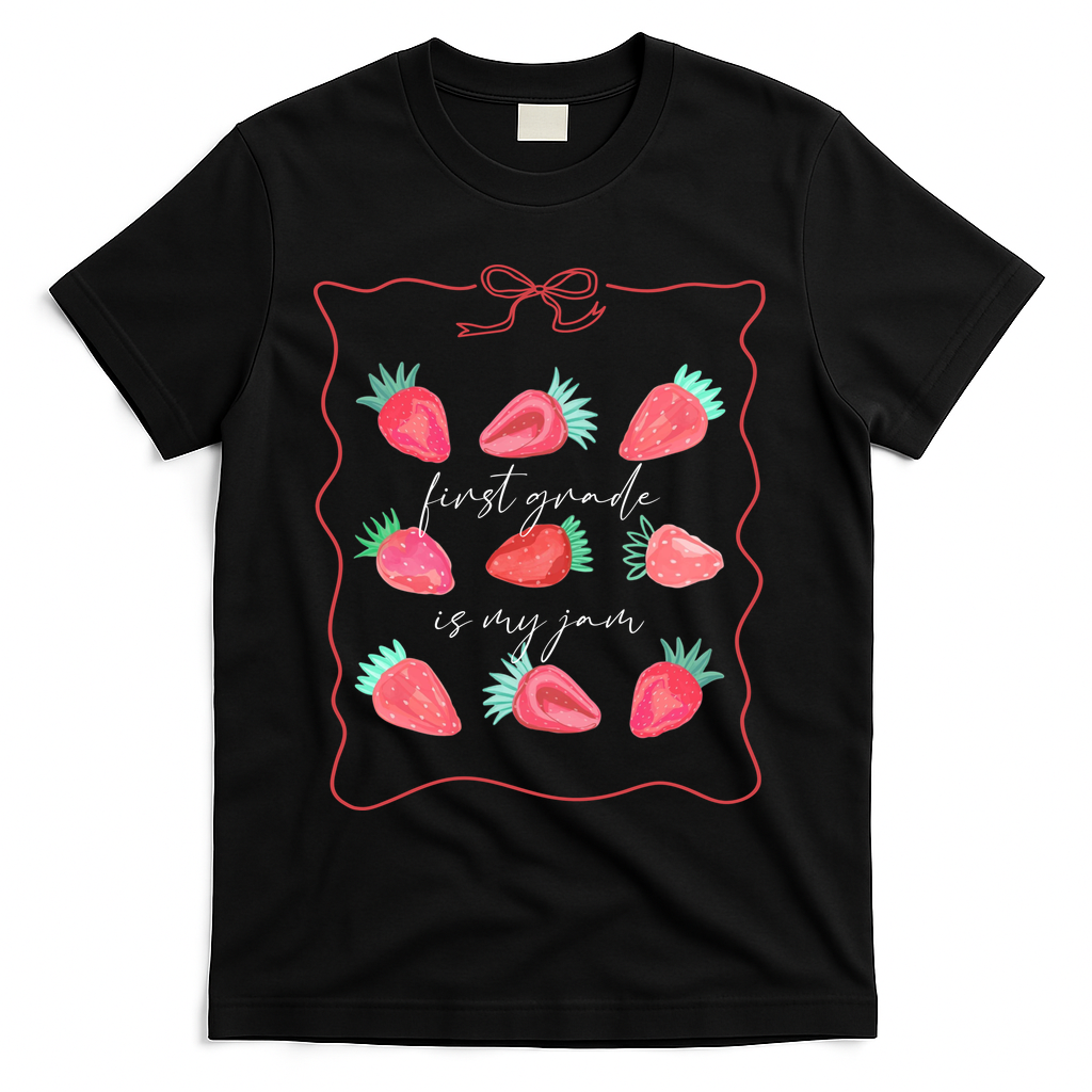 First Grade Is My Jam Strawberry 1st Grade Teacher T-Shirt - Black
