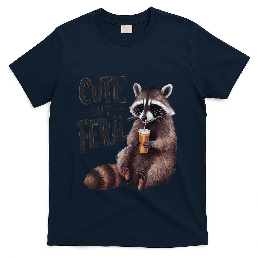 Feral Girl Summer Funny Meme Cute But Feral Raccoon Vacation T-Shirt - Navy