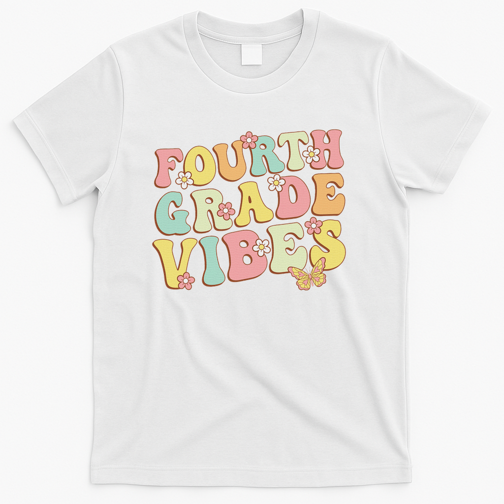 Fourth Grade Vibes Hello Team 4th Grade Teacher Retro T-Shirt - White