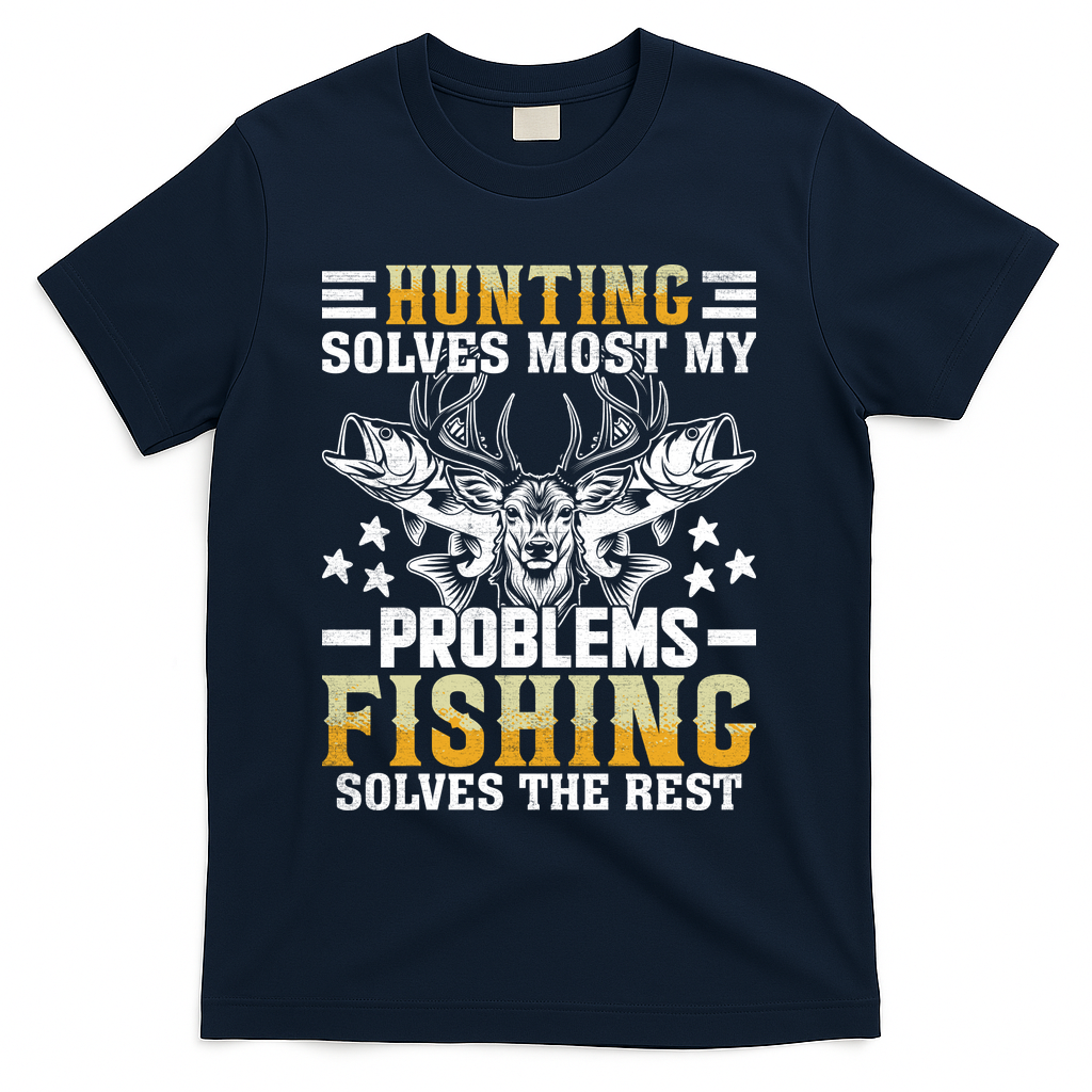 Funny Hunting And Fishing Solved Problems T-Shirt - Navy