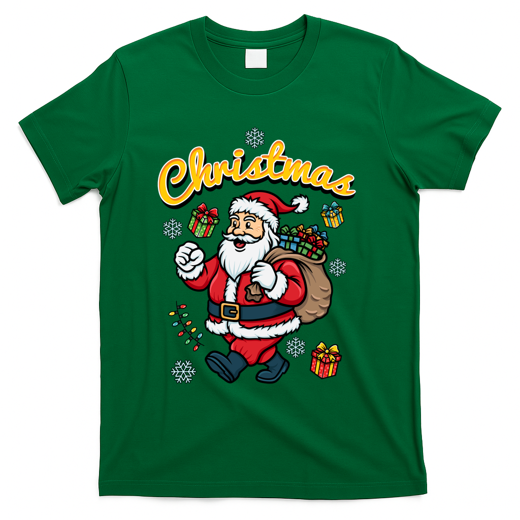 Festive Holiday Design Featuring Happy Father Christmas Walking With Presents and Snowflakes - Green