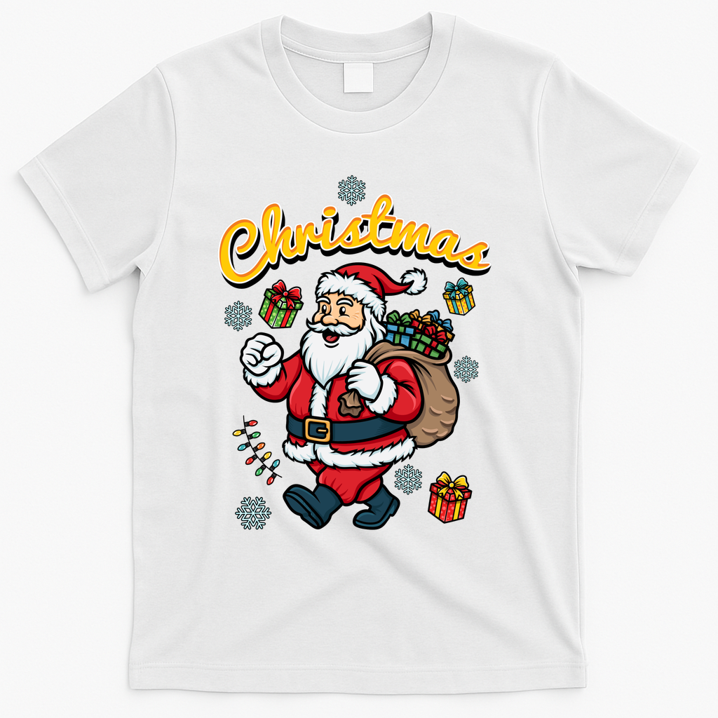 Festive Holiday Design Featuring Happy Father Christmas Walking With Presents and Snowflakes - White