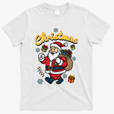 Festive Holiday Design Featuring Happy Father Christmas Walking With Presents and Snowflakes - White