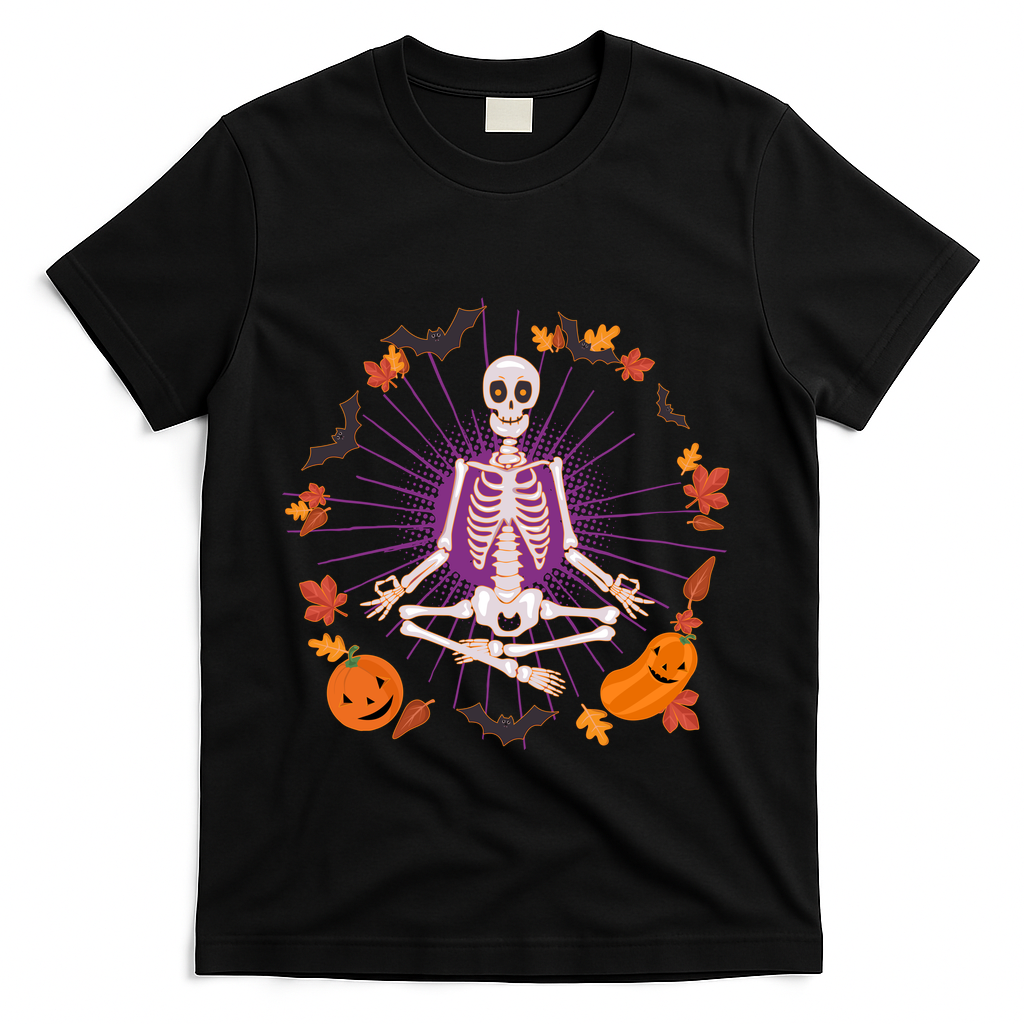Funny Halloween Fall Autumn Namaste Yoga Skeleton T-Shirt - Black