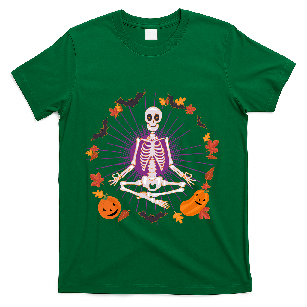 Funny Halloween Fall Autumn Namaste Yoga Skeleton T-Shirt - Green
