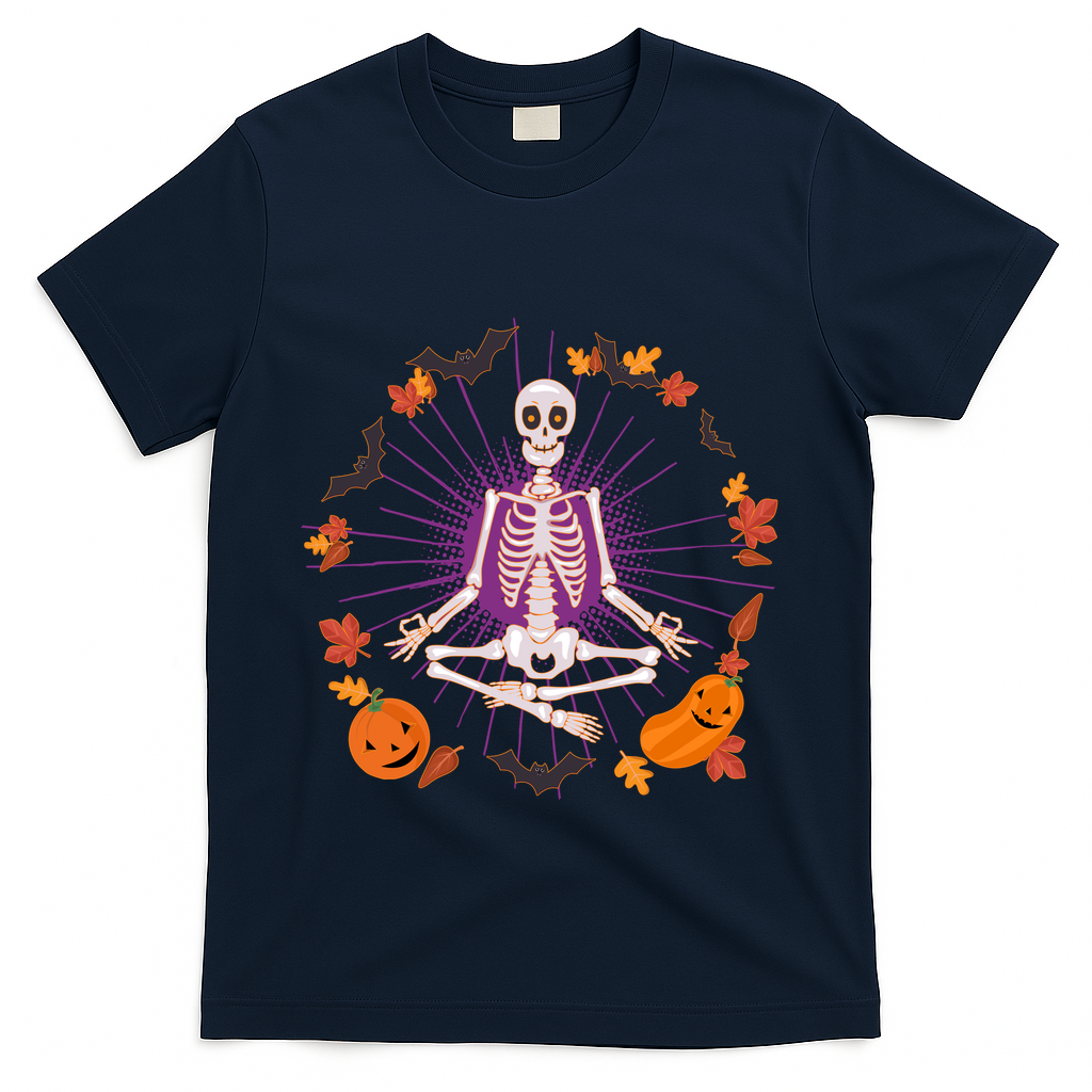 Funny Halloween Fall Autumn Namaste Yoga Skeleton T-Shirt - Navy