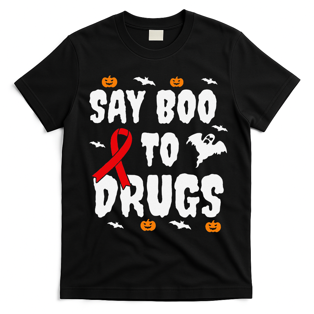 Funny Halloween Gift Say Boo To Drugs Awareness Red Ribbon T-Shirt - Black