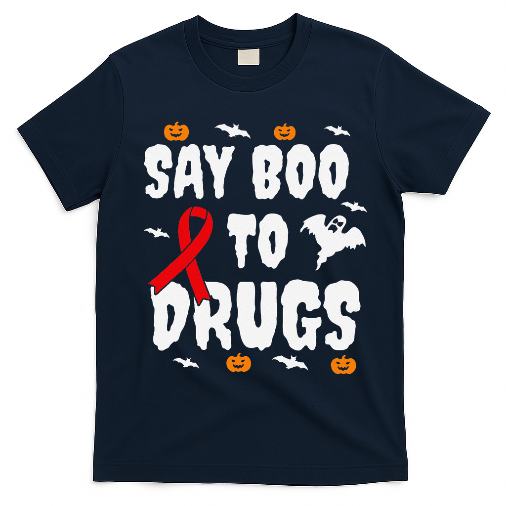 Funny Halloween Gift Say Boo To Drugs Awareness Red Ribbon T-Shirt - Navy Blue