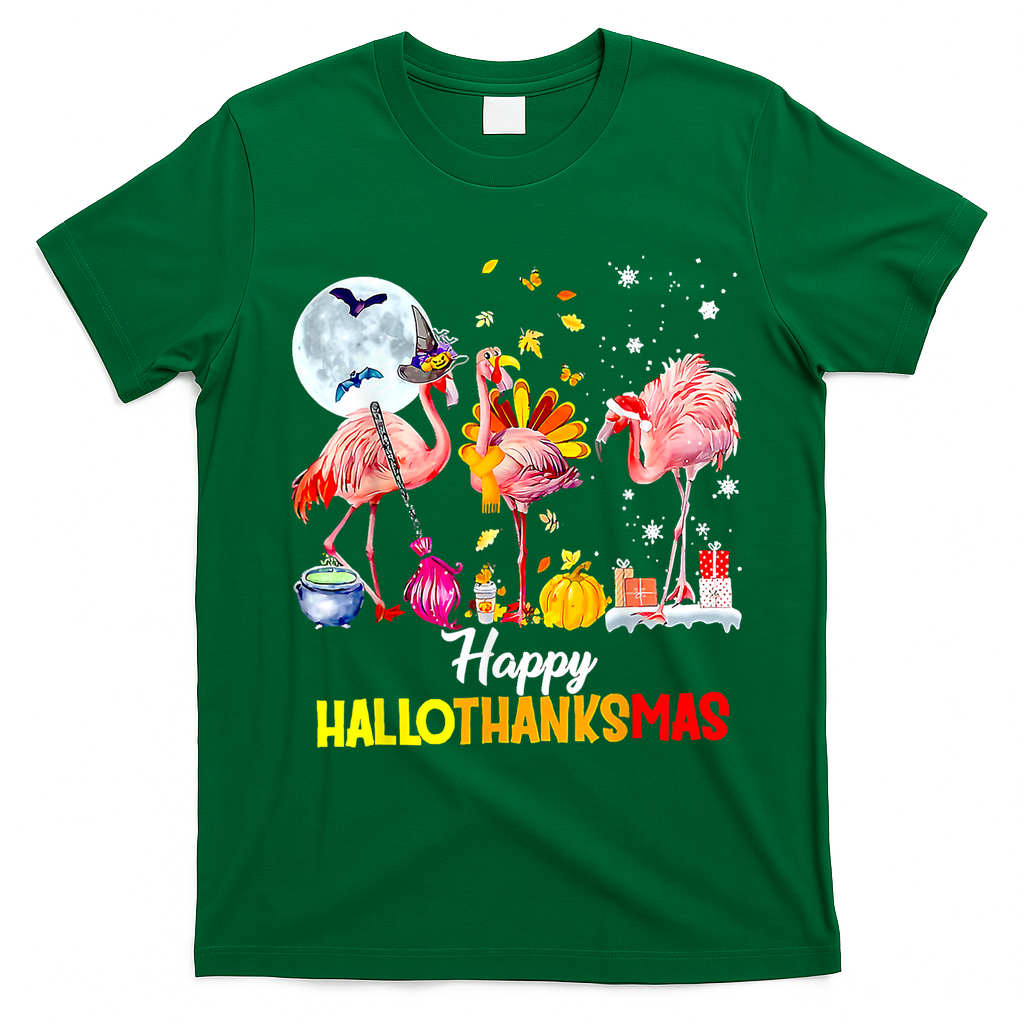 Flamingo Happy HalloThanksmas Funny Halloween Thanksgiving T-Shirt - Irish Green