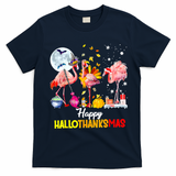 Flamingo Happy HalloThanksmas Funny Halloween Thanksgiving T-Shirt - Navy Blue