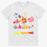 Flamingo Happy HalloThanksmas Funny Halloween Thanksgiving T-Shirt - White