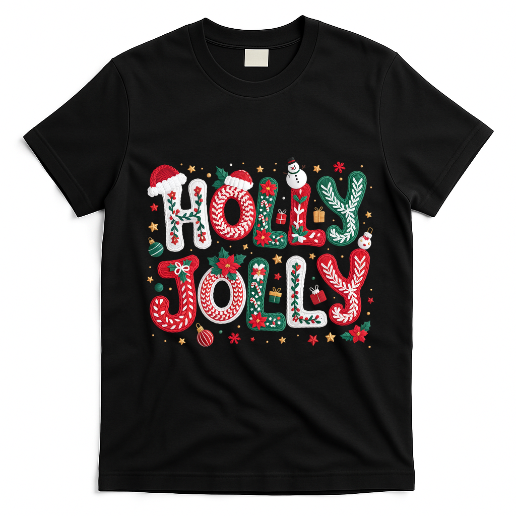 Festive Holly Jolly Christmas Faux Yarn T-Shirt - Black