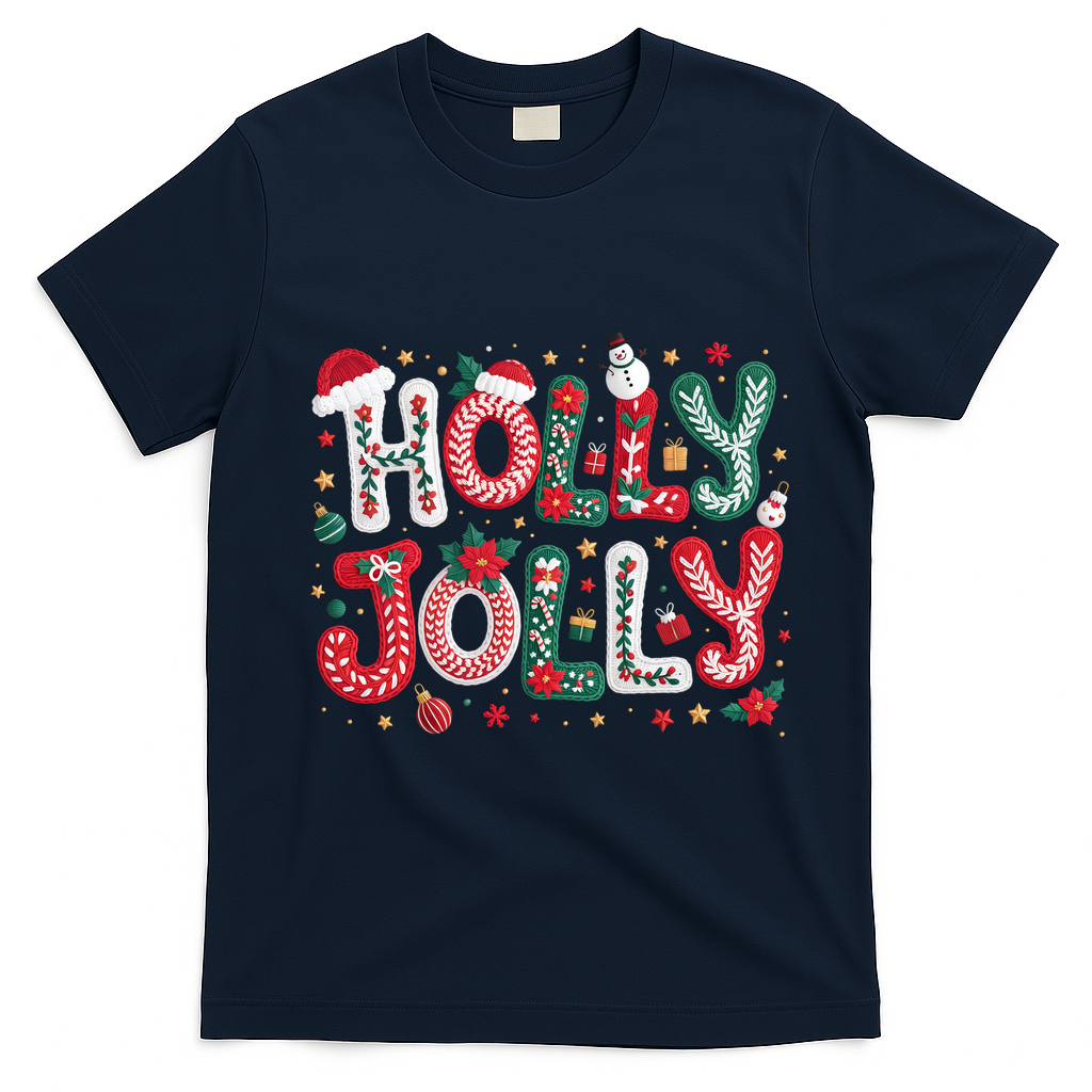 Festive Holly Jolly Christmas Faux Yarn T-Shirt - Navy Blue