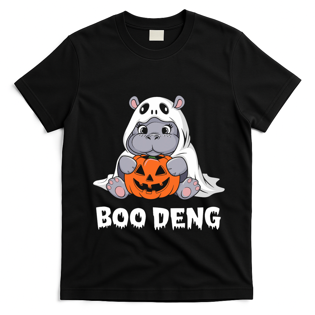 Funny Halloween Moo Deng Baby Hippo Boo Deng Ghost Costume T-Shirt - Black