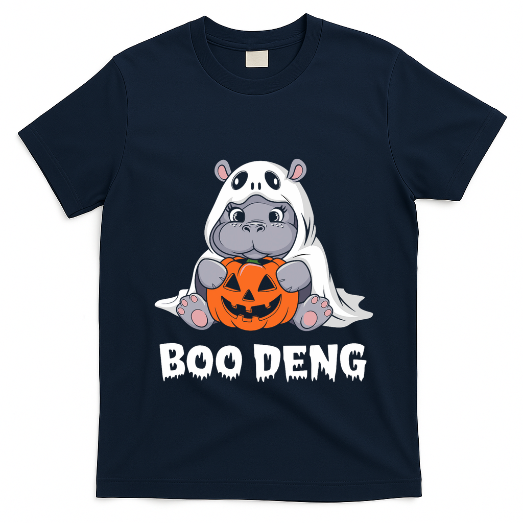 Funny Halloween Moo Deng Baby Hippo Boo Deng Ghost Costume T-Shirt - Navy Blue