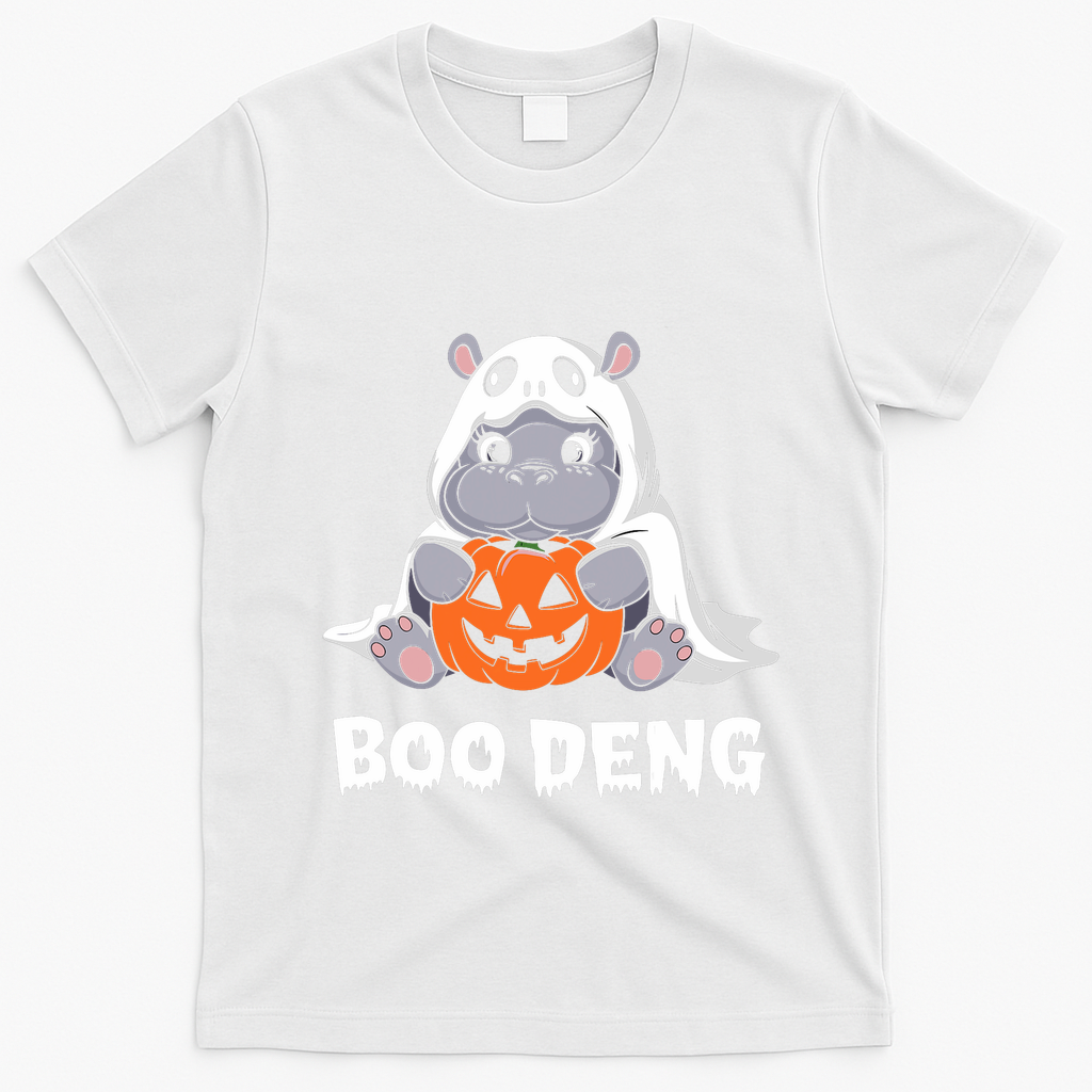 Funny Halloween Moo Deng Baby Hippo Boo Deng Ghost Costume T-Shirt - White