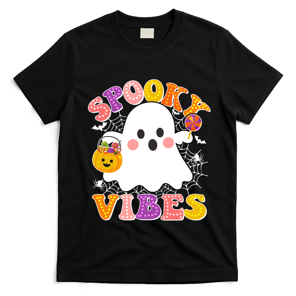 Funny Halloween Spooky Vibes Trick Or Treating Ghost T-Shirt - Black