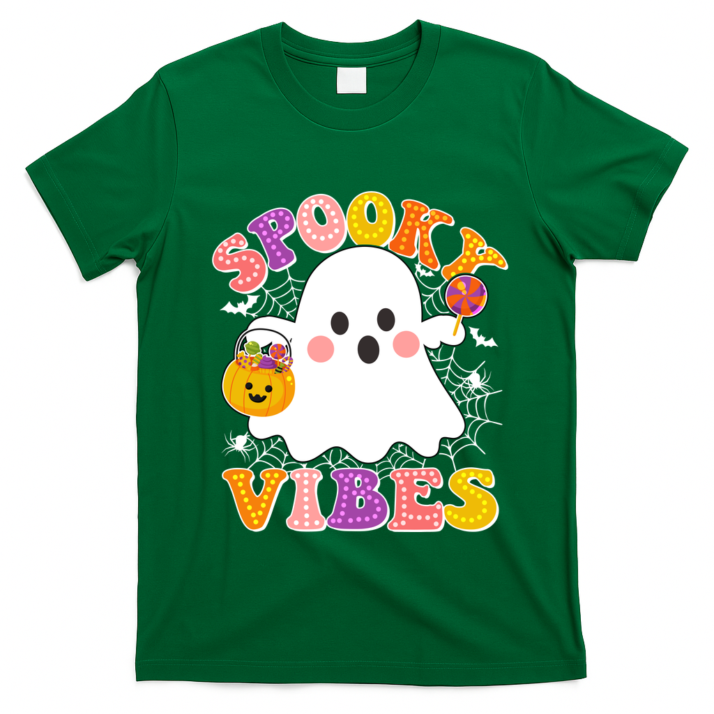 Funny Halloween Spooky Vibes Trick Or Treating Ghost T-Shirt - Irish Green