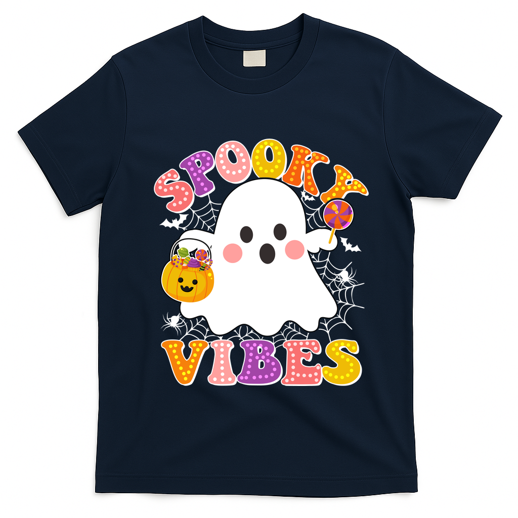 Funny Halloween Spooky Vibes Trick Or Treating Ghost T-Shirt - Navy Blue