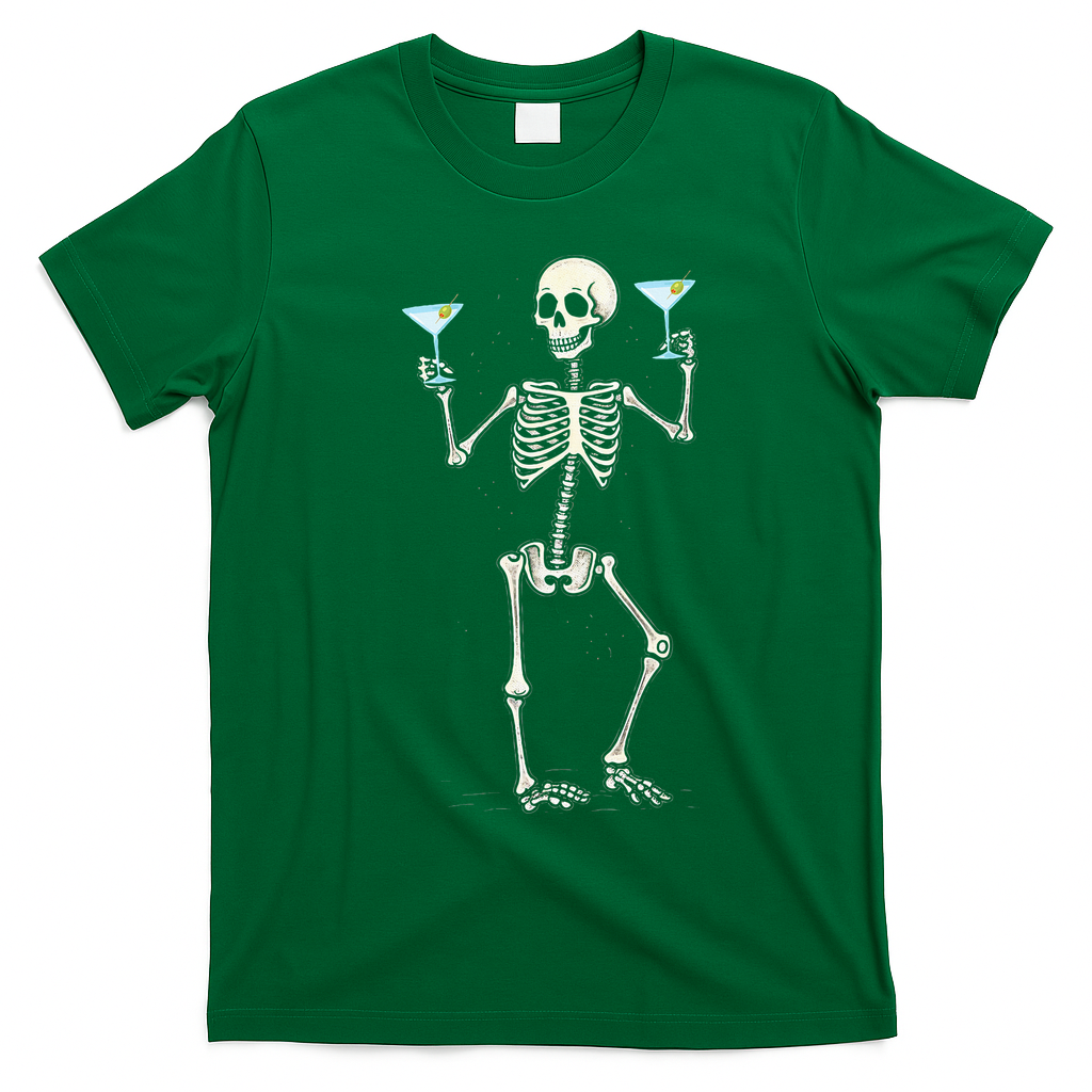 Funny Halloween Skeleton Drinking Martini Cocktail T-Shirt - Irish Green
