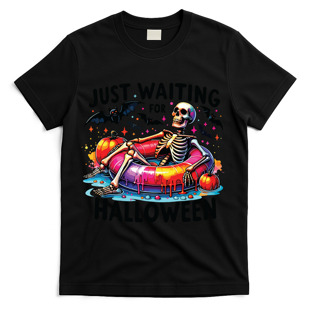 Funny Just Waiting For Halloween Skeleton Spooky Vibe Summer T-Shirt - Black