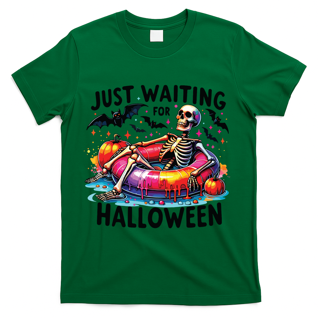 Funny Just Waiting For Halloween Skeleton Spooky Vibe Summer T-Shirt - Green