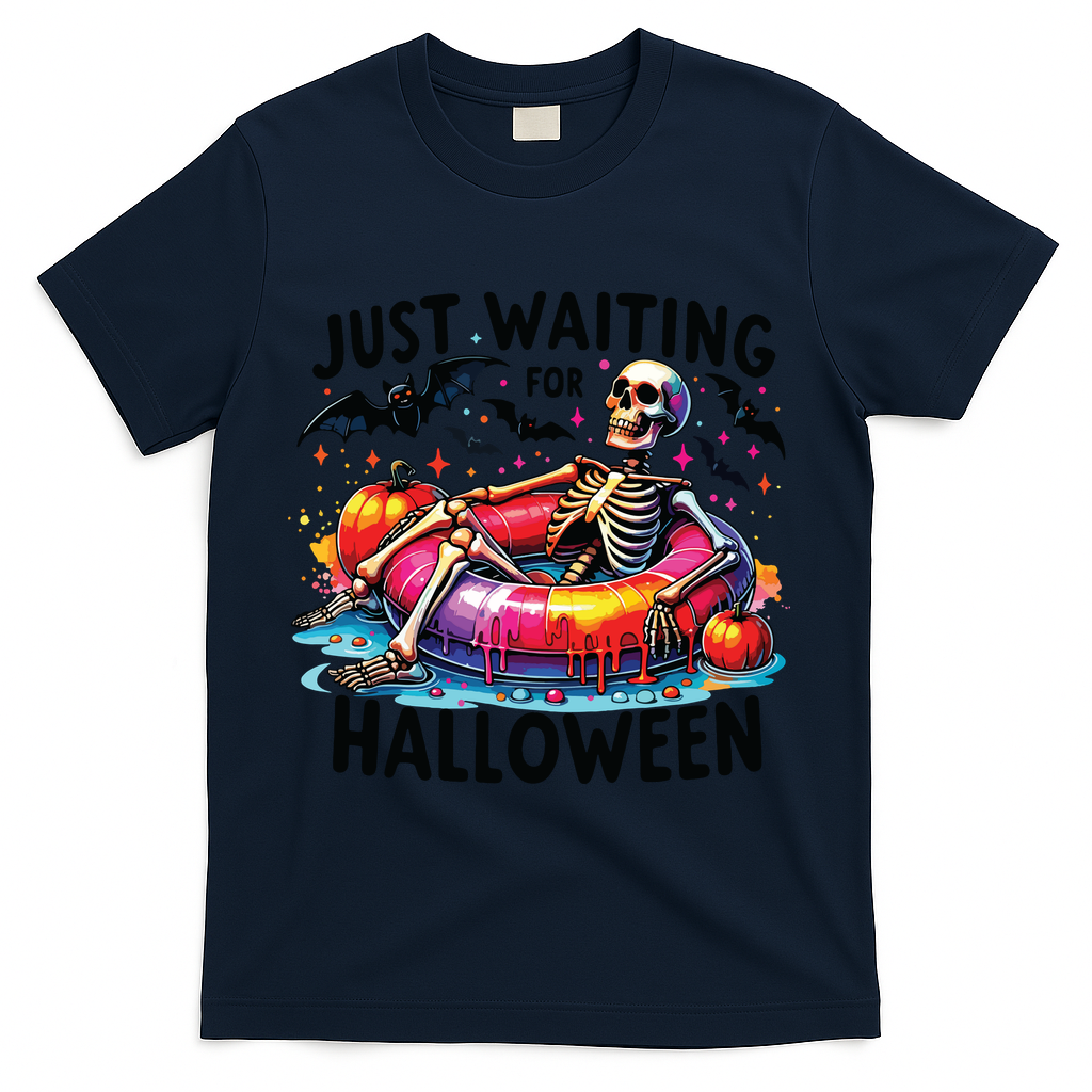 Funny Just Waiting For Halloween Skeleton Spooky Vibe Summer T-Shirt - Navy